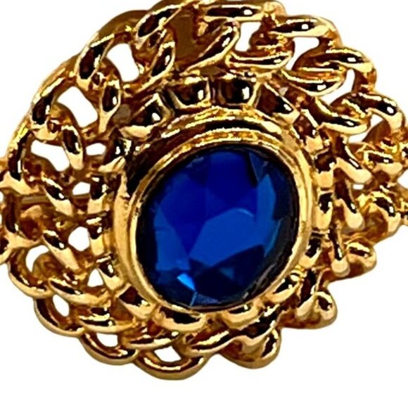 Vintage Gold-Tone & Blue Glass Jewel Chain Broach - 3 1/4 Inches Of Pure Glamour - Picture 4 of 7